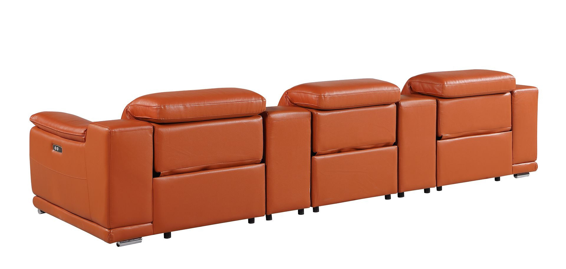 134" Camel Italian Leather Reclining Metal USB Sofa