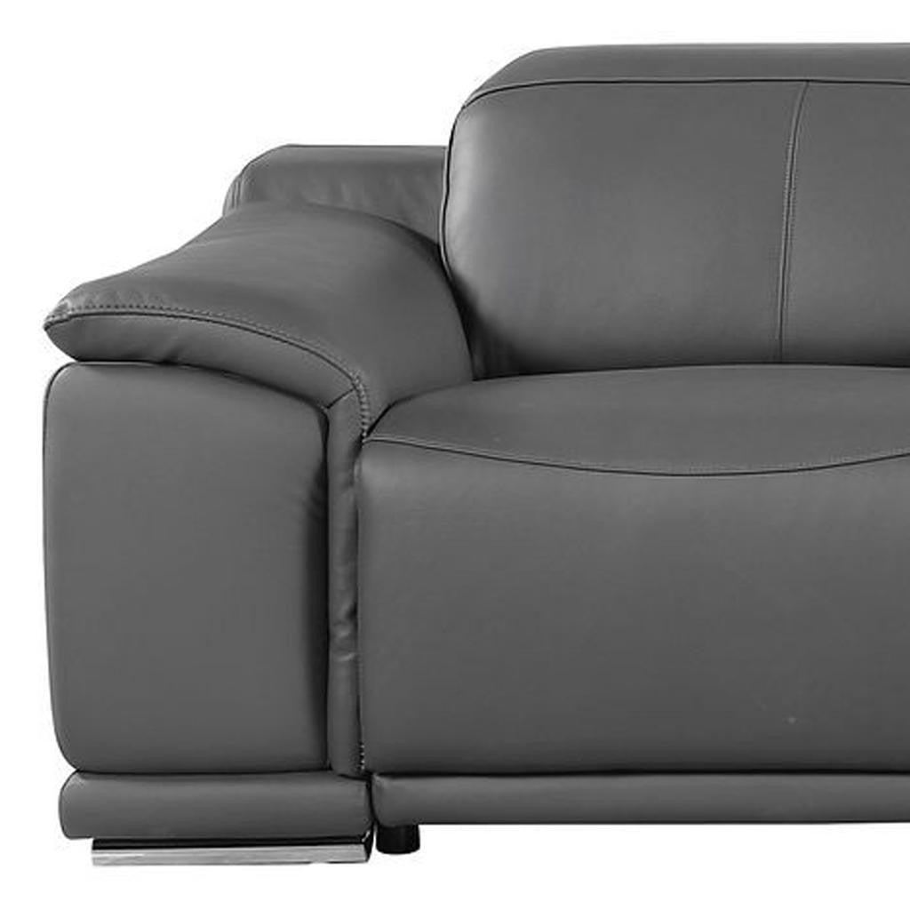134" Dark Gray Italian Leather Reclining Metal USB Sofa