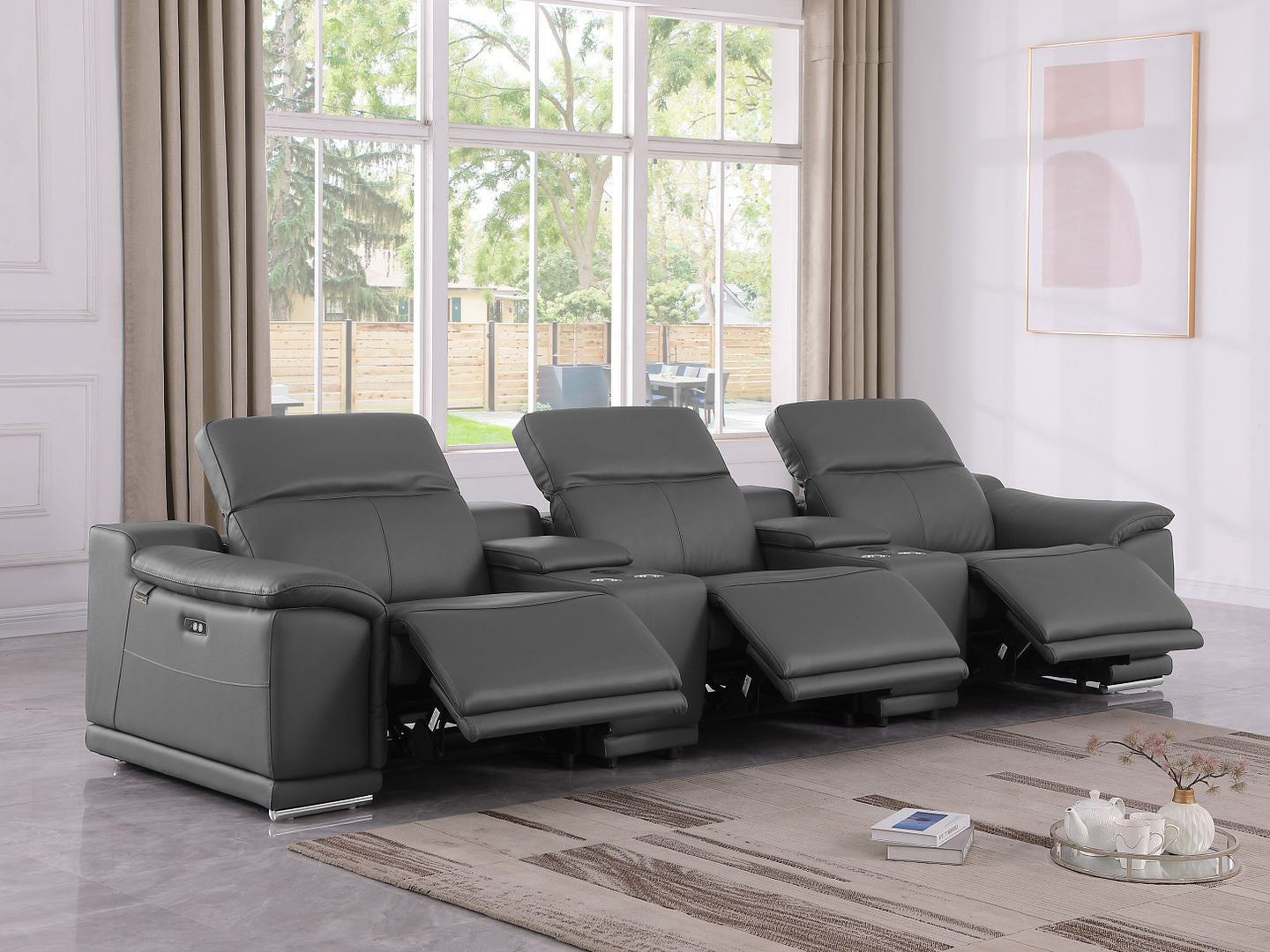 134" Dark Gray Italian Leather Reclining Metal USB Sofa