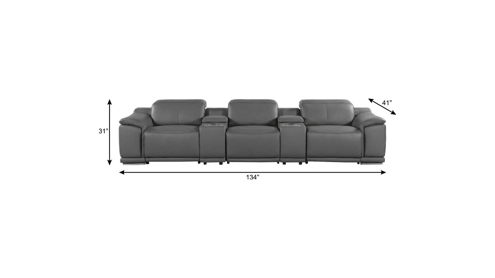 134" Dark Gray Italian Leather Reclining Metal USB Sofa
