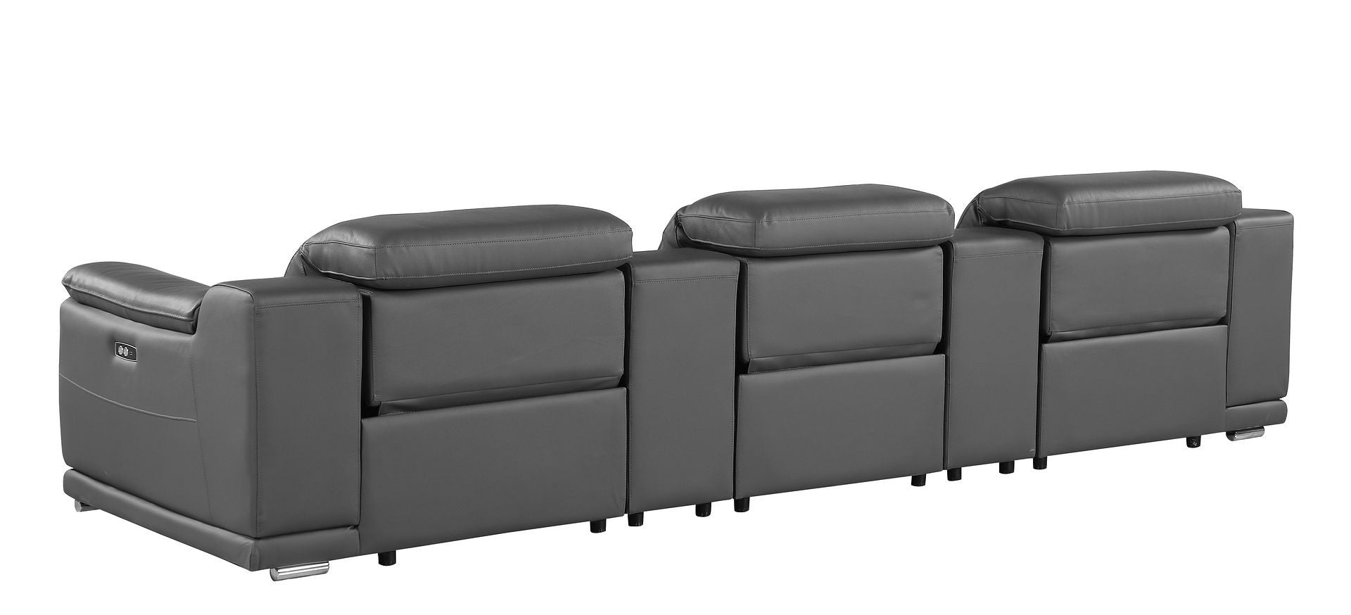 134" Dark Gray Italian Leather Reclining Metal USB Sofa