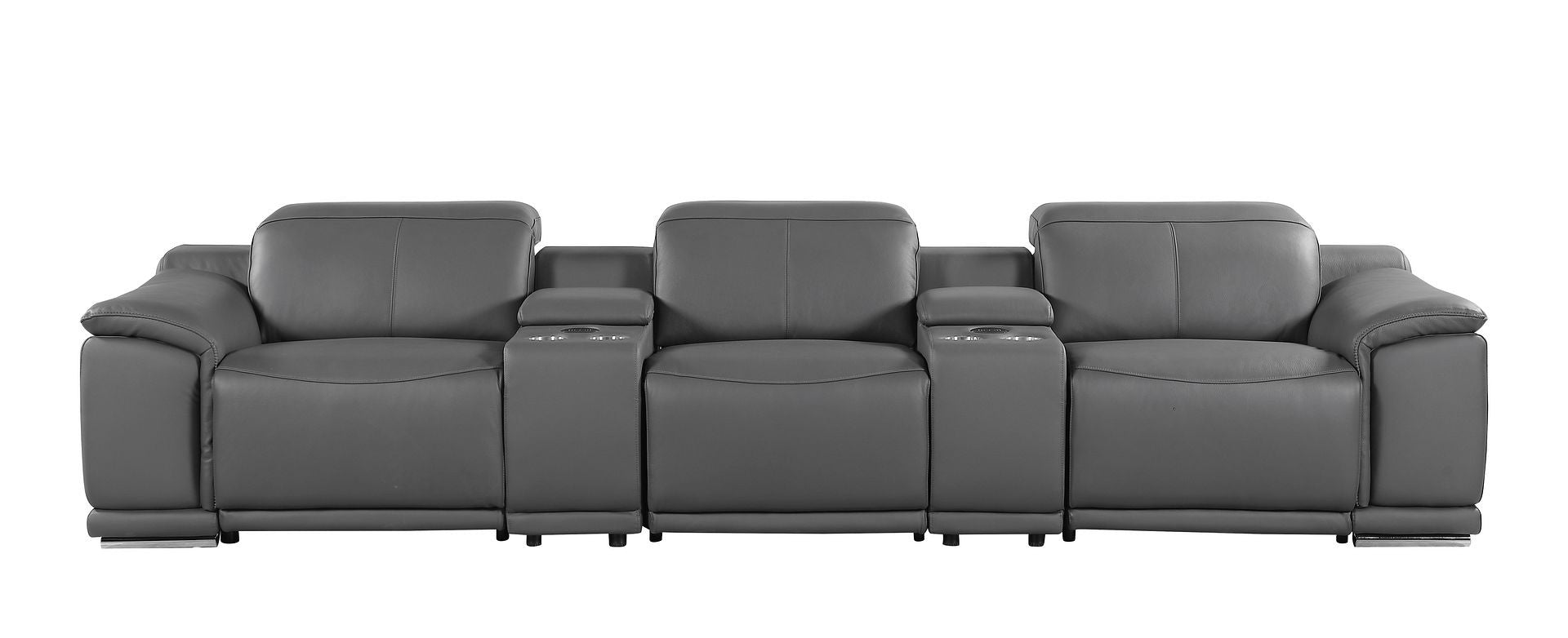134" Dark Gray Italian Leather Reclining Metal USB Sofa
