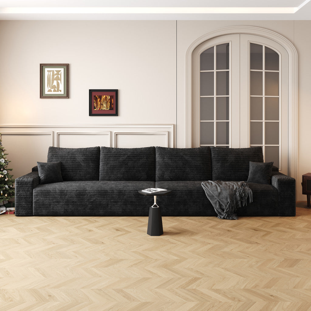 140" Black Corduroy Modular Compression Foam Sofa With Toss Pillows