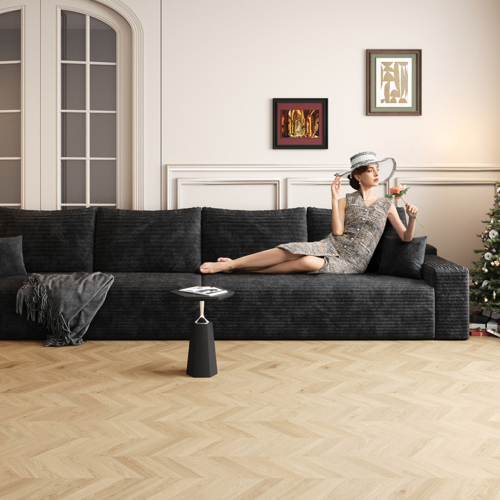 140" Black Corduroy Modular Compression Foam Sofa With Toss Pillows