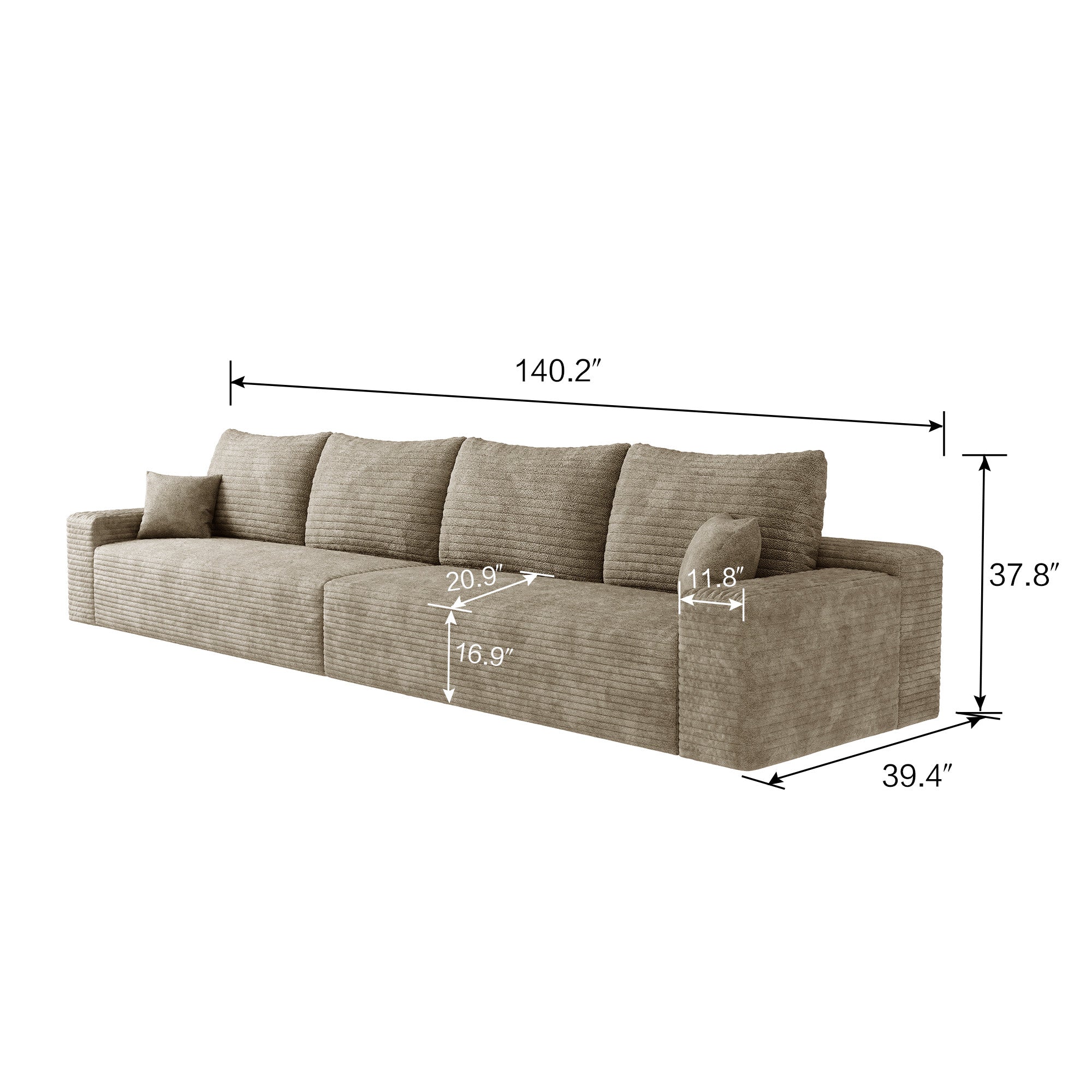 140" Camel Corduroy Modular Compression Foam Sofa With Toss Pillows