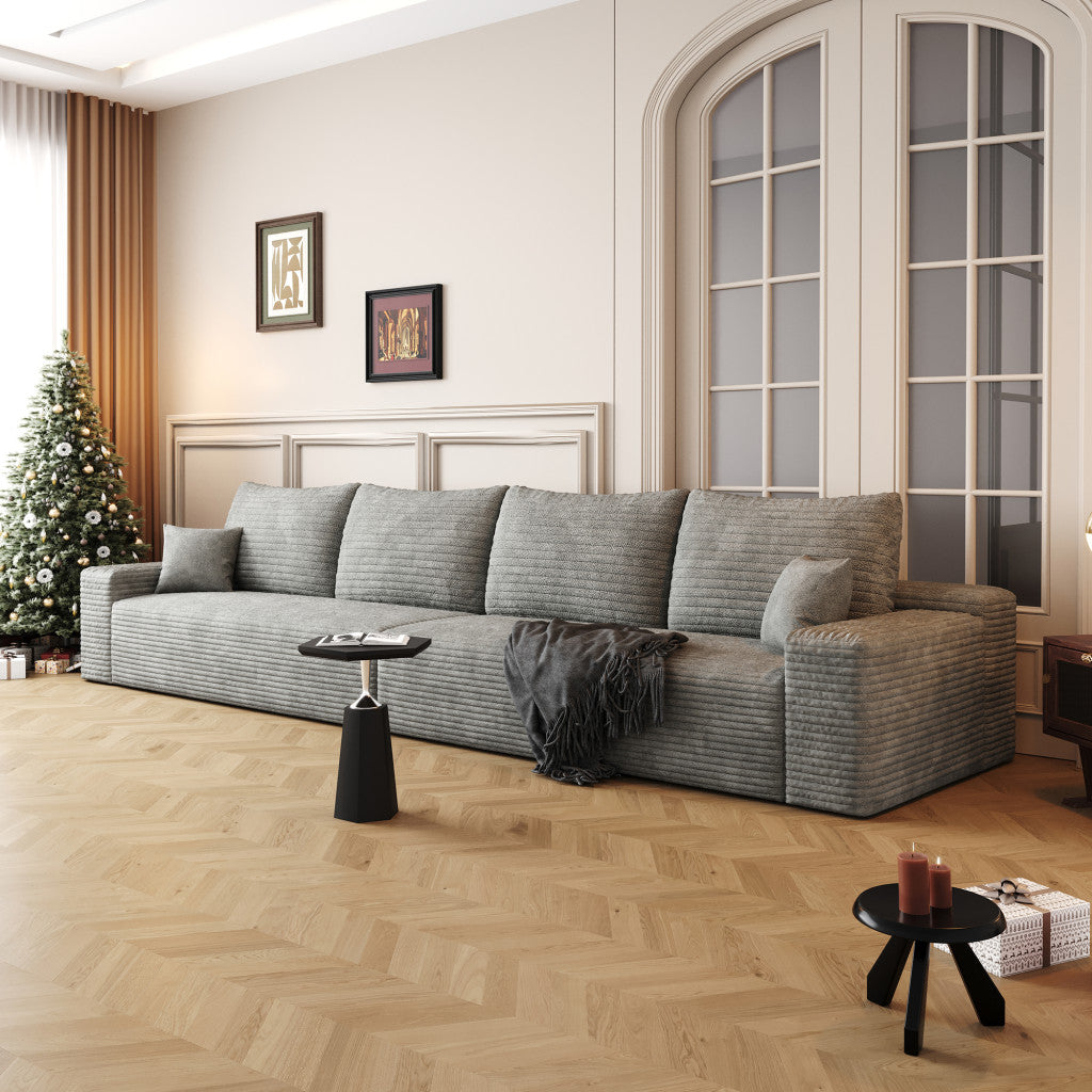 140" Gray Corduroy Modular Compression Foam Sofa With Toss Pillows