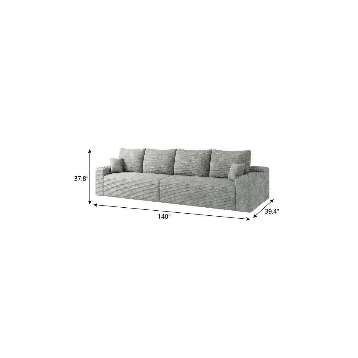 140" Gray Corduroy Modular Compression Foam Sofa With Toss Pillows