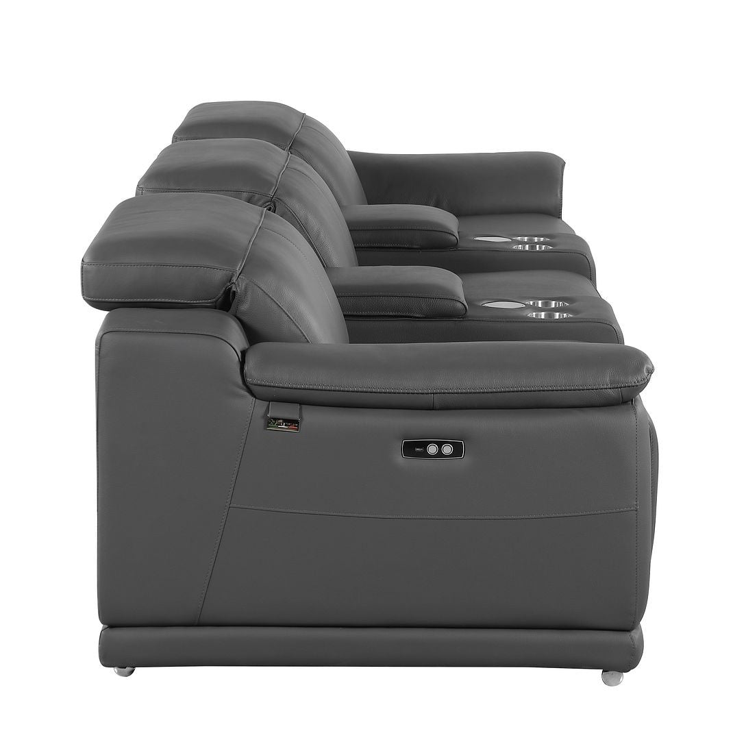 134" Dark Gray Italian Leather Reclining Metal USB Sofa