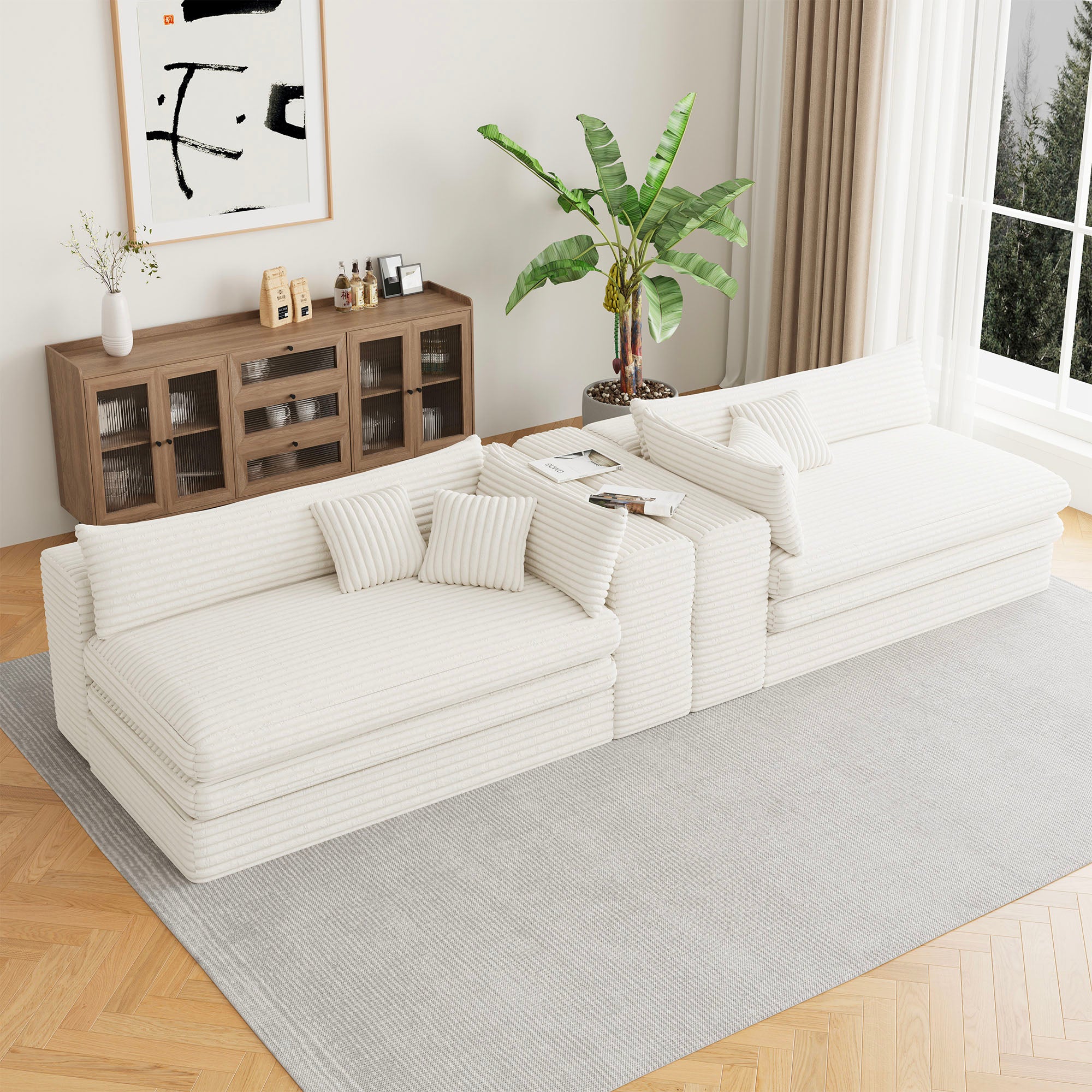 162" White Corduroy Compression Foam Sofa