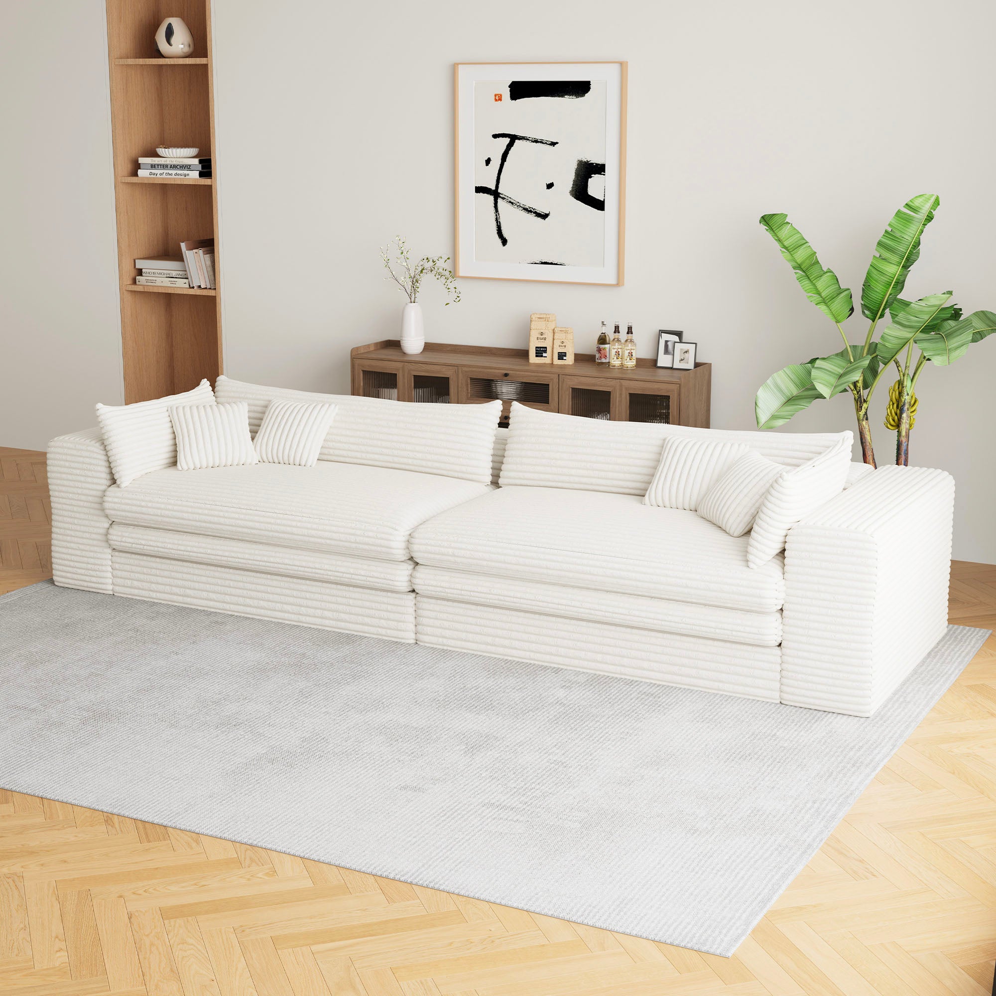 162" White Corduroy Compression Foam Sofa