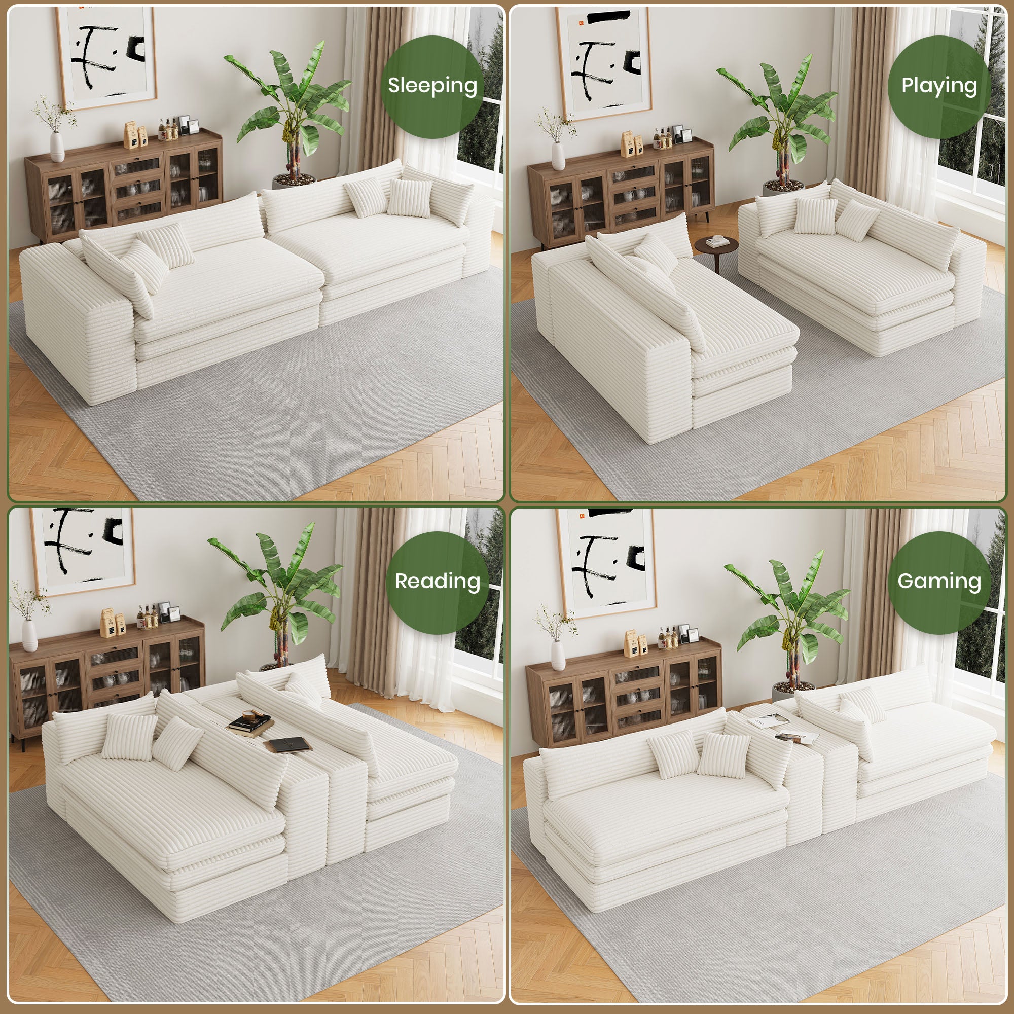 162" White Corduroy Compression Foam Sofa