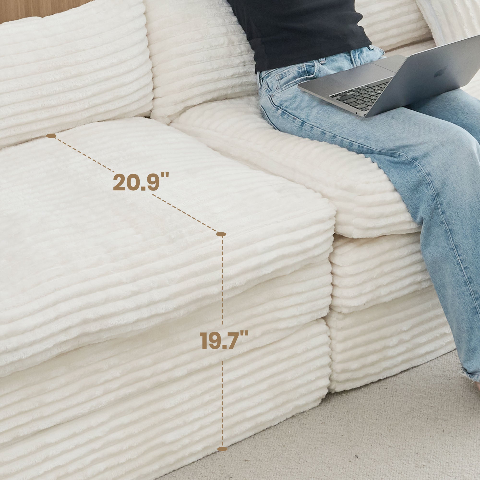 162" White Corduroy Compression Foam Sofa