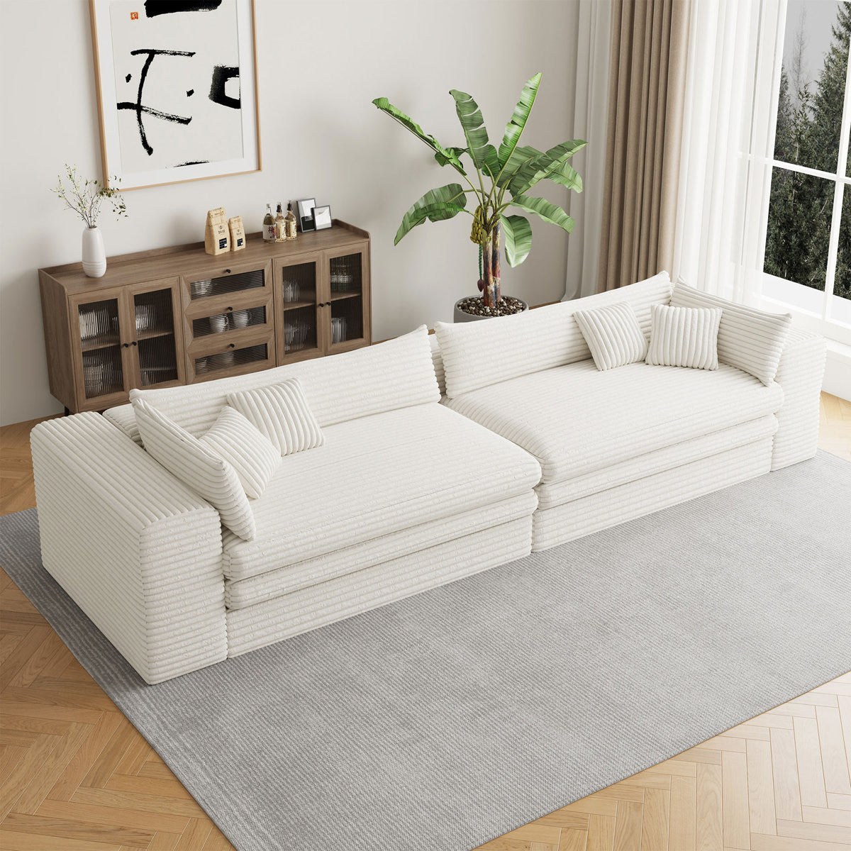 162" White Corduroy Compression Foam Sofa