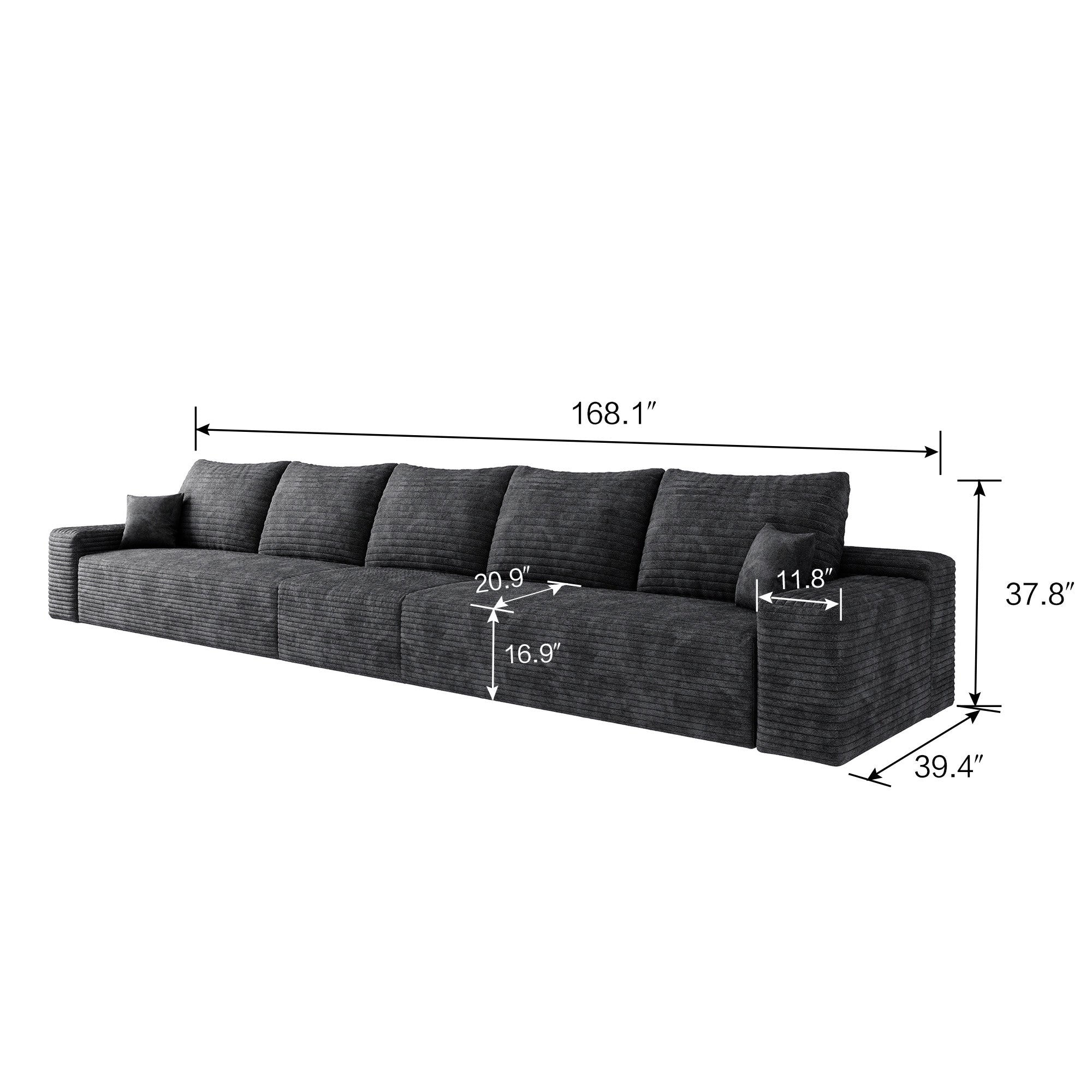 168" Black Corduroy Modular Compression Foam Sofa With Toss Pillows