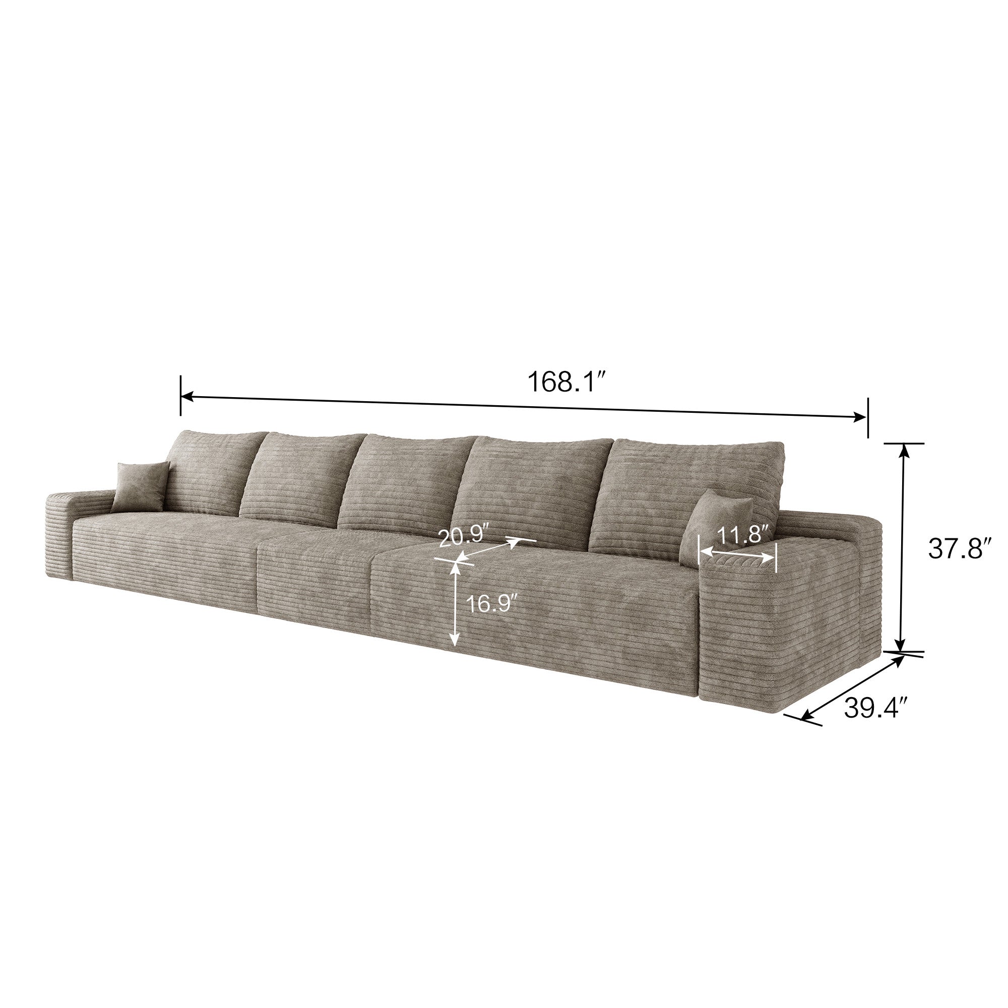 168" Camel Corduroy Modular Compression Foam Sofa With Toss Pillows