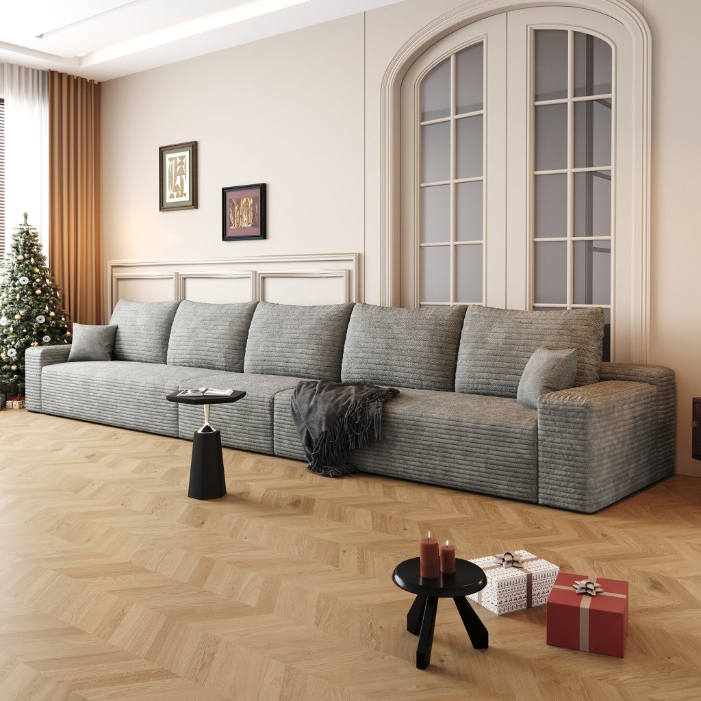 168" Gray Corduroy Modular Compression Foam Sofa With Toss Pillows