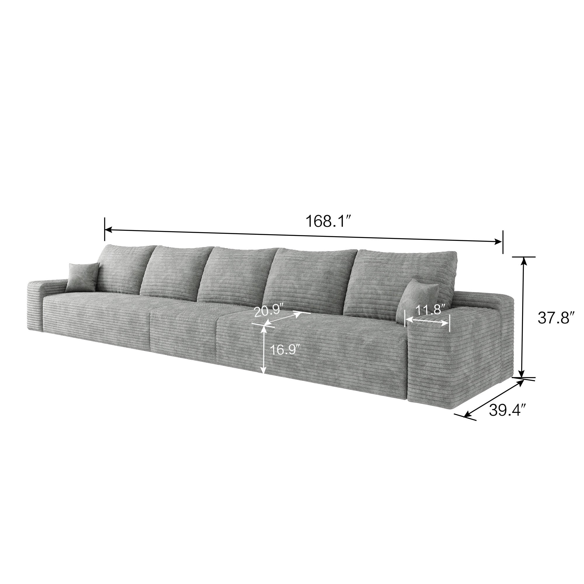168" Gray Corduroy Modular Compression Foam Sofa With Toss Pillows