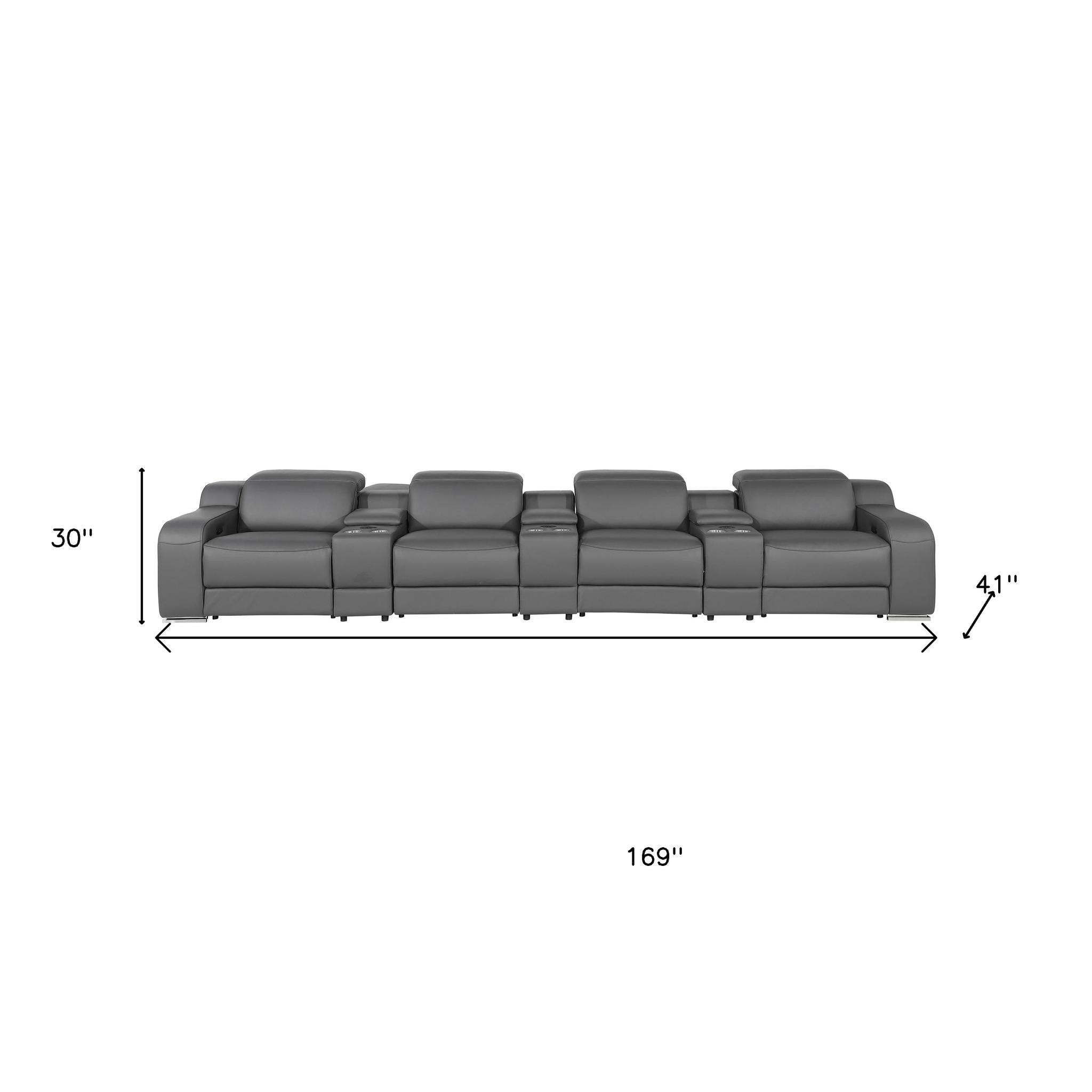 169" Dark Gray Italian Leather Reclining USB Sofa
