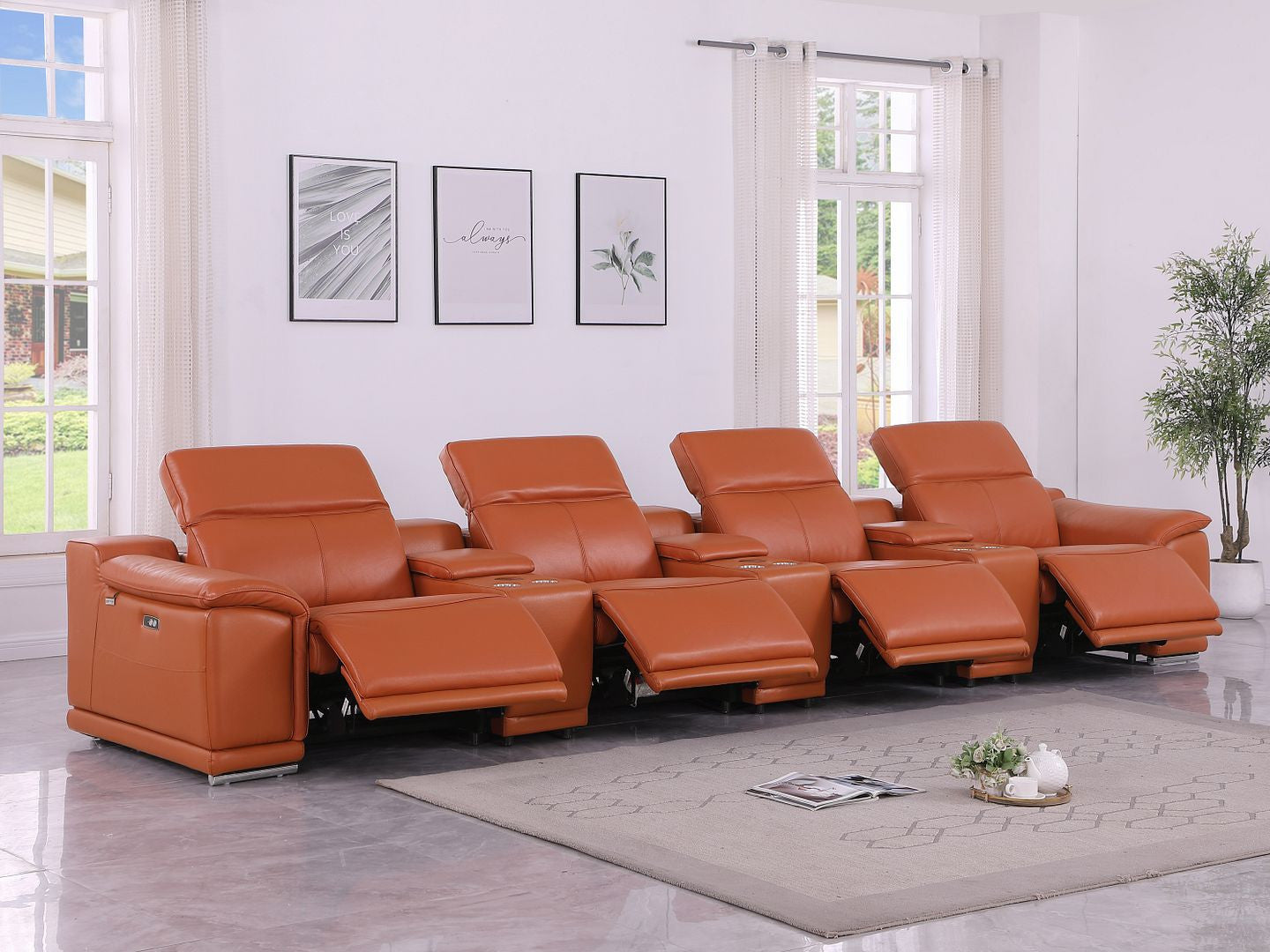 175" Camel Italian Leather Reclining Metal USB Sofa
