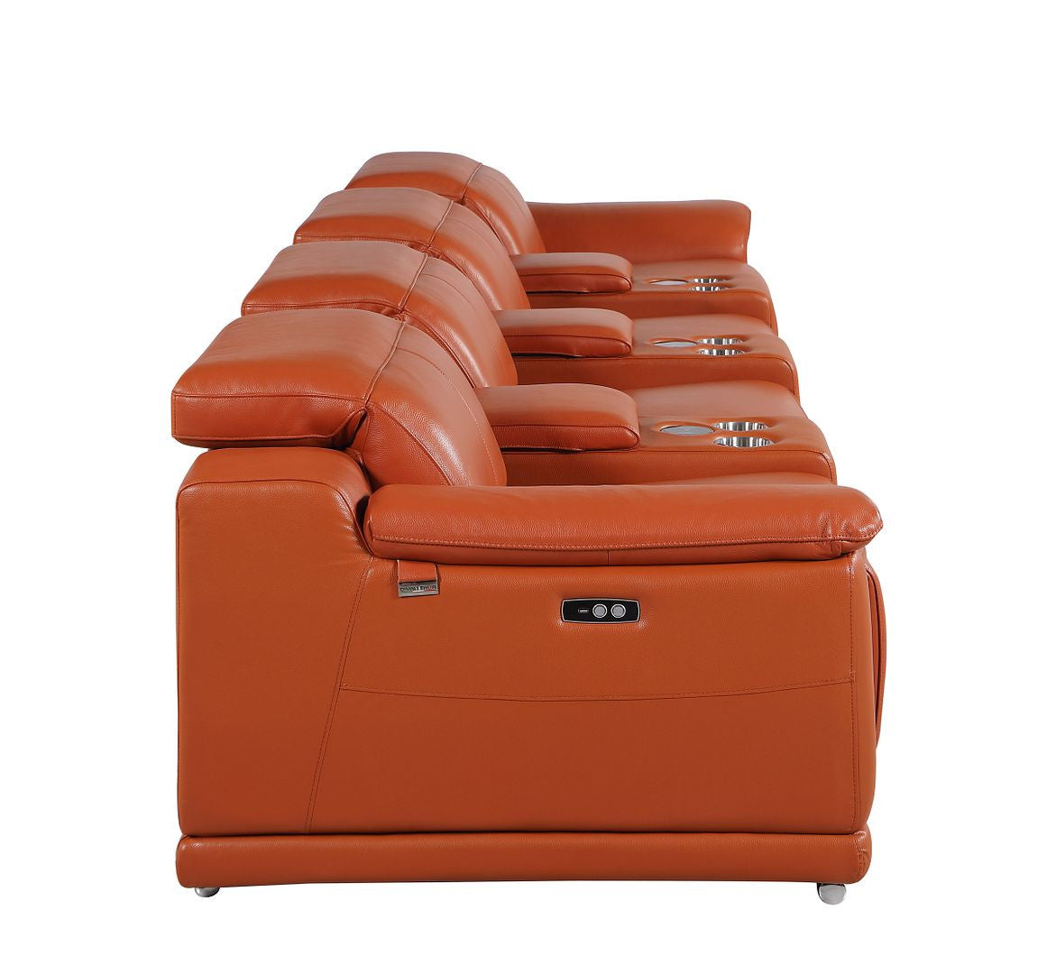 175" Camel Italian Leather Reclining Metal USB Sofa