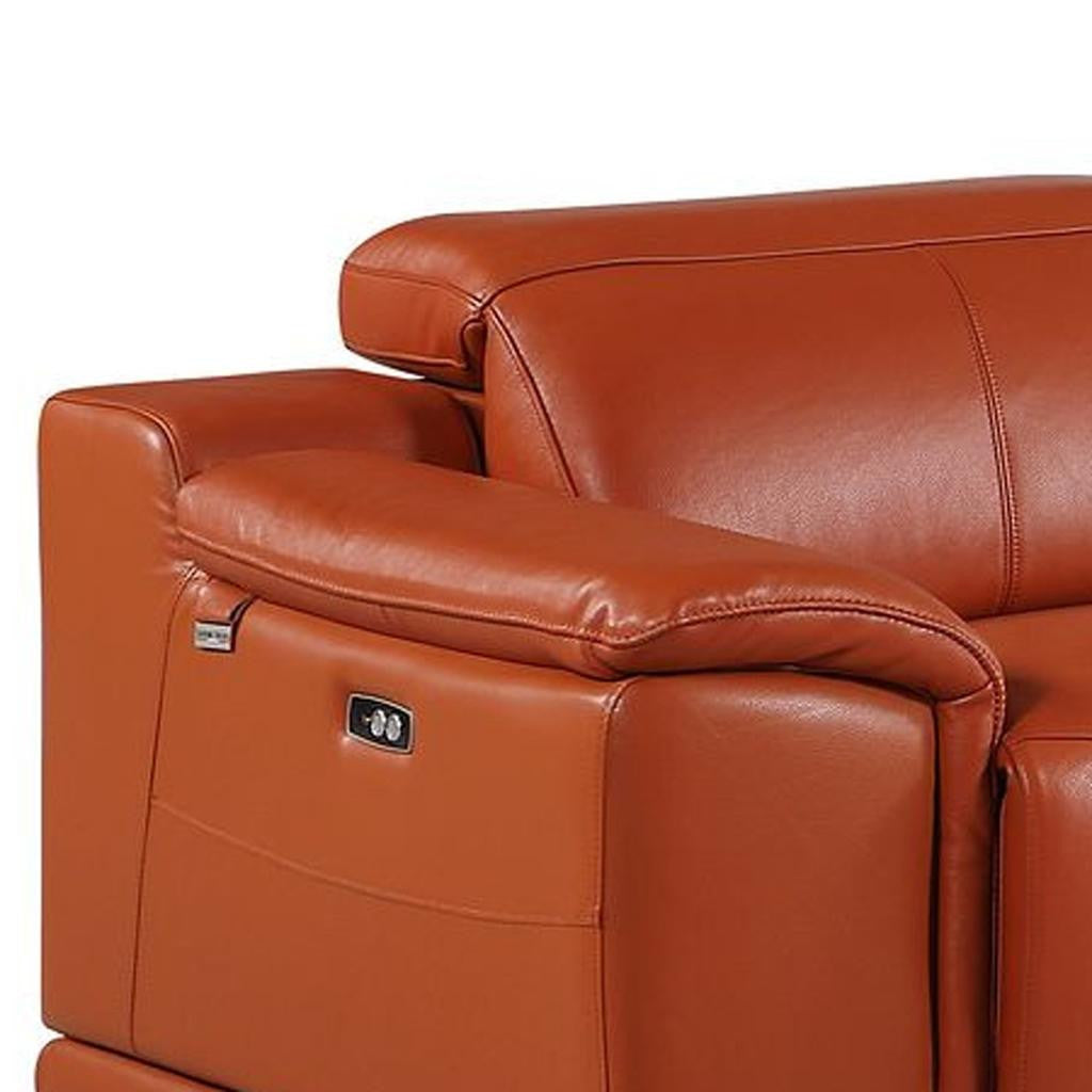 134" Camel Italian Leather Reclining Metal USB Sofa