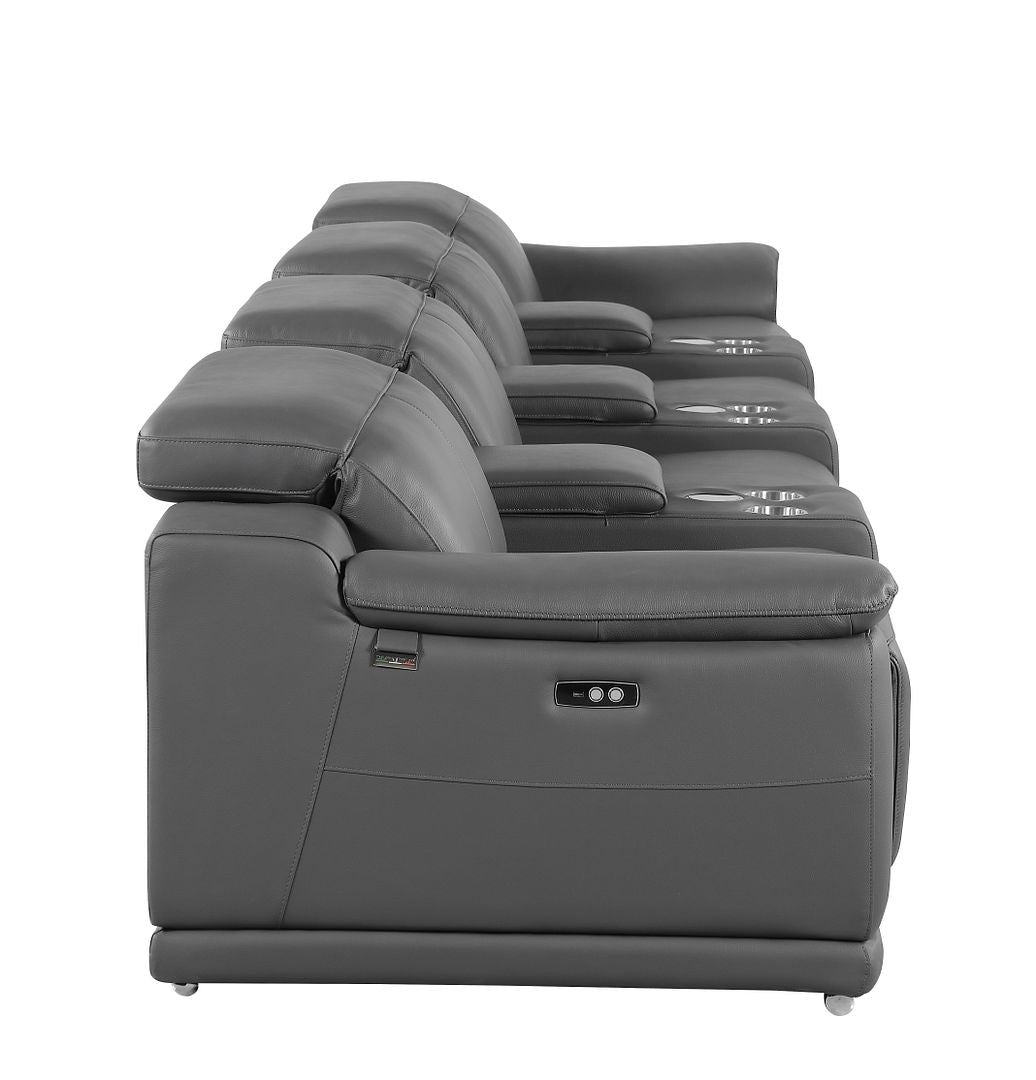 175" Dark Gray Italian Leather Reclining Metal USB Sofa