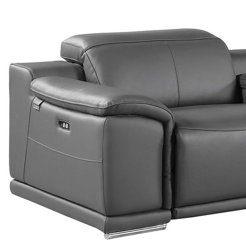 175" Dark Gray Italian Leather Reclining Metal USB Sofa