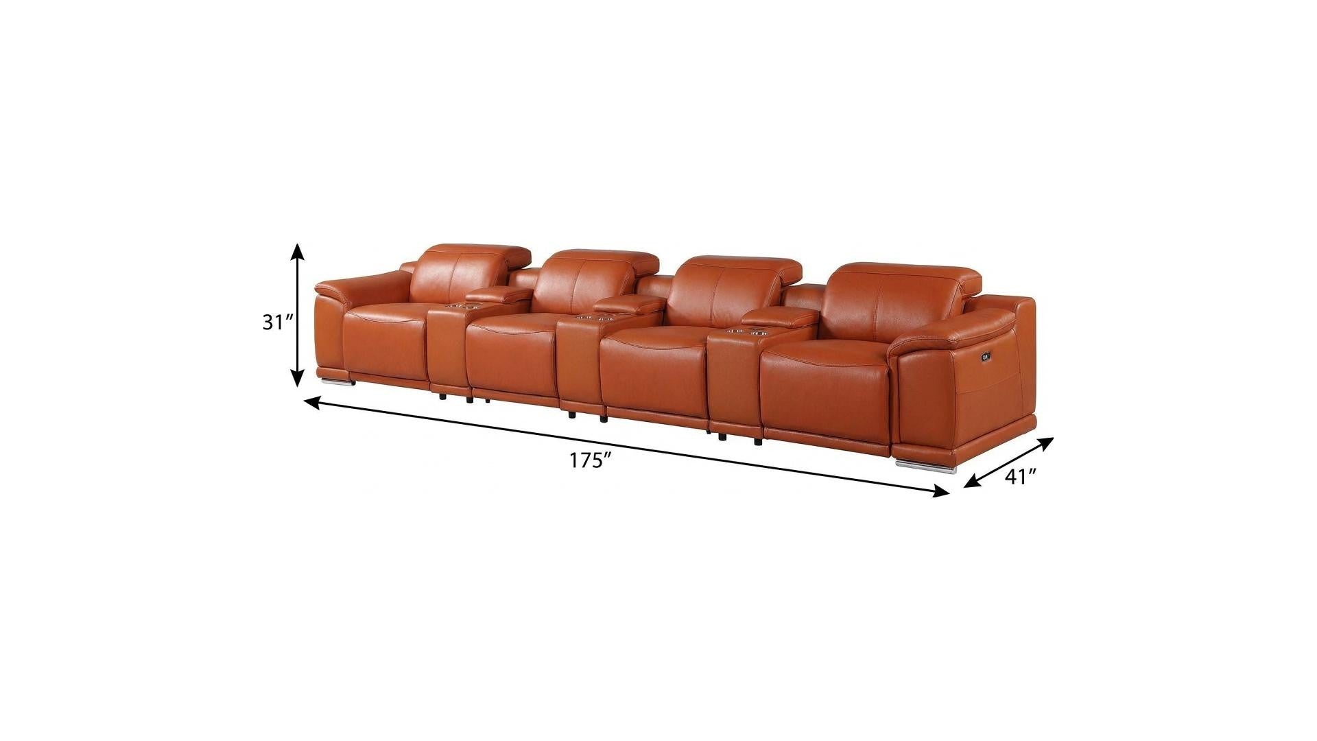 175" Camel Italian Leather Reclining Metal USB Sofa