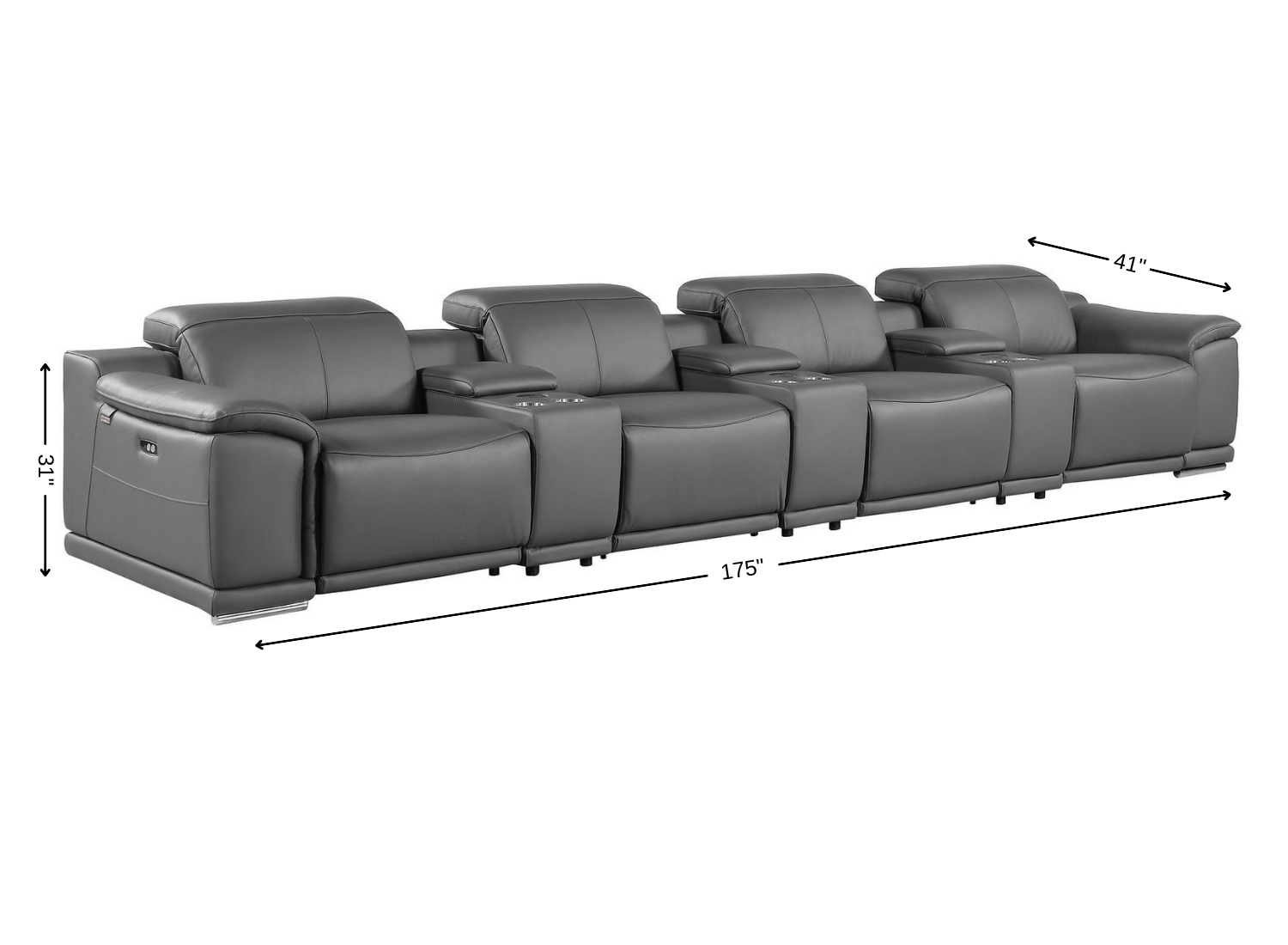 175" Dark Gray Italian Leather Reclining Metal USB Sofa