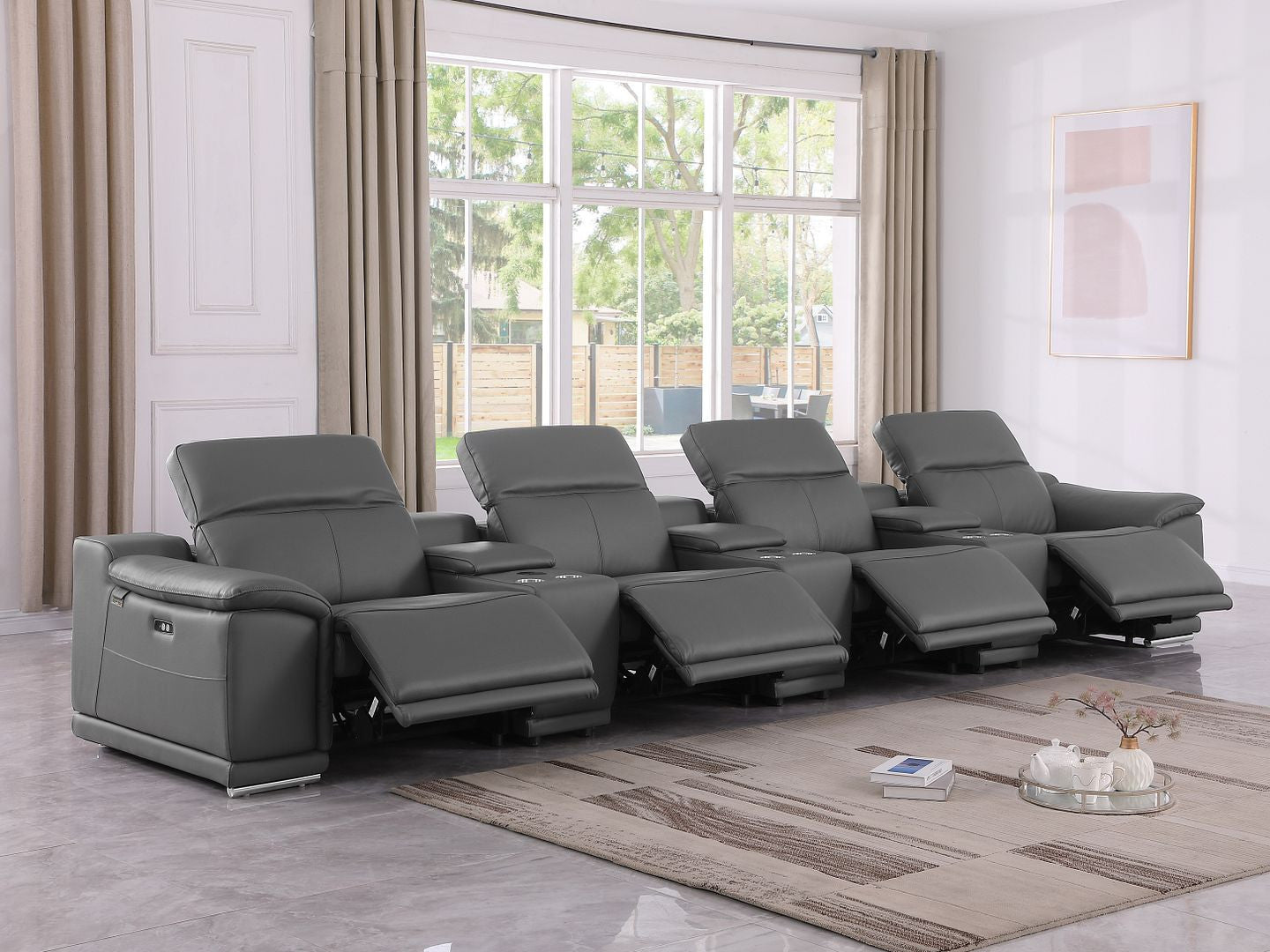175" Dark Gray Italian Leather Reclining Metal USB Sofa