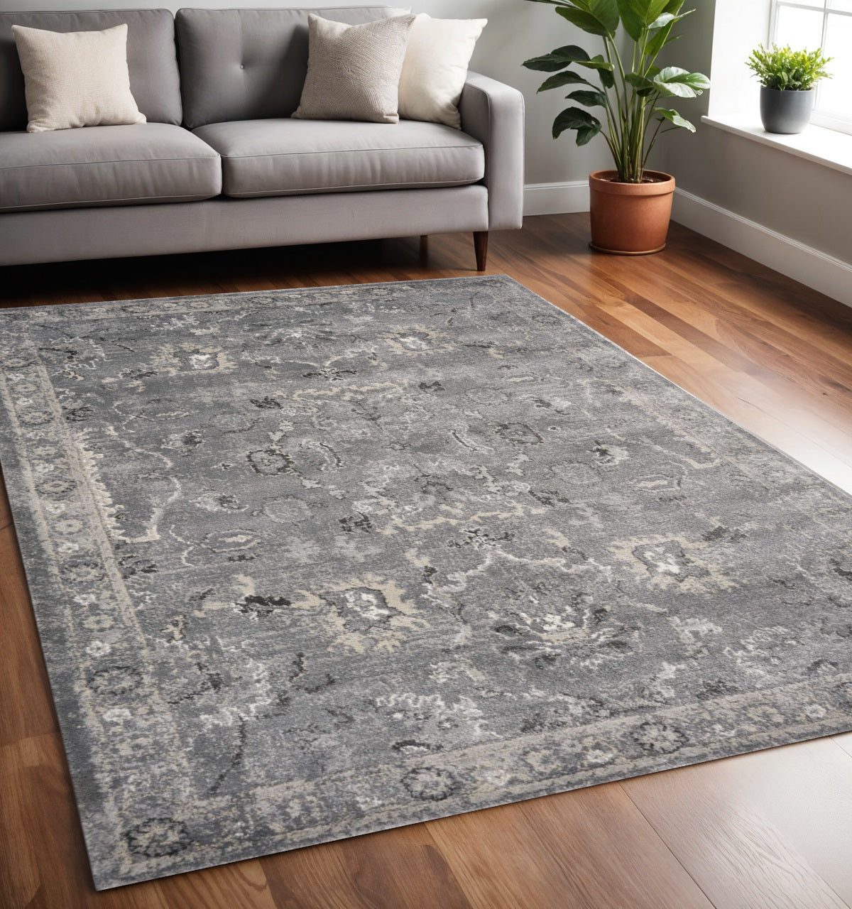 Gray And Light Gray Floral Medallion Area Rug