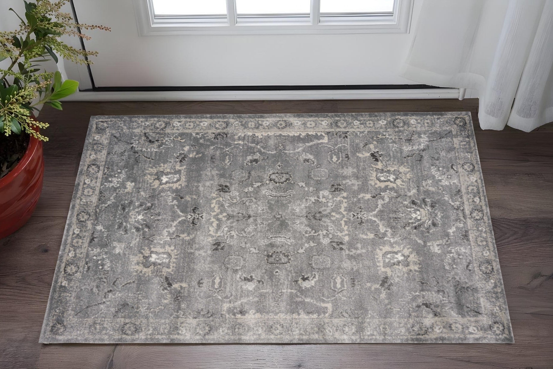 Gray And Light Gray Floral Medallion Area Rug