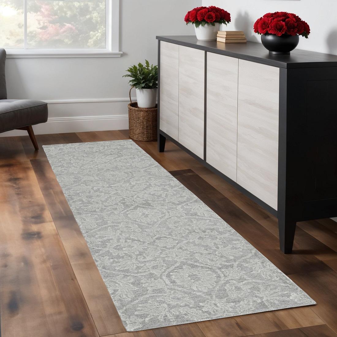 Gray And Light Gray Wool Floral Medallion Hand Tufted Area Rug