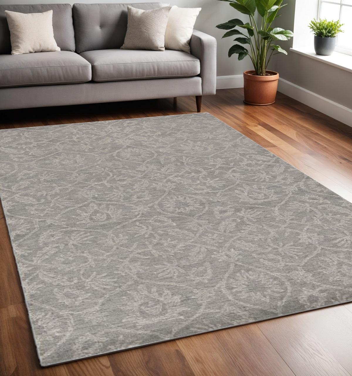 Gray And Light Gray Wool Floral Medallion Hand Tufted Area Rug
