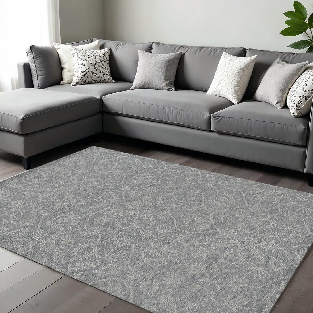Gray And Light Gray Wool Floral Medallion Hand Tufted Area Rug