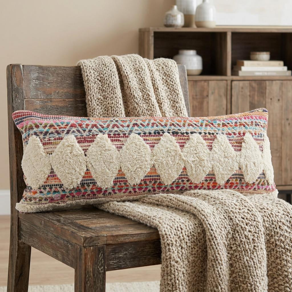 Natural Blue And Red Geometric Cotton Throw Pillow with Tufts