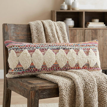Natural Blue And Red Geometric Cotton Throw Pillow with Tufts