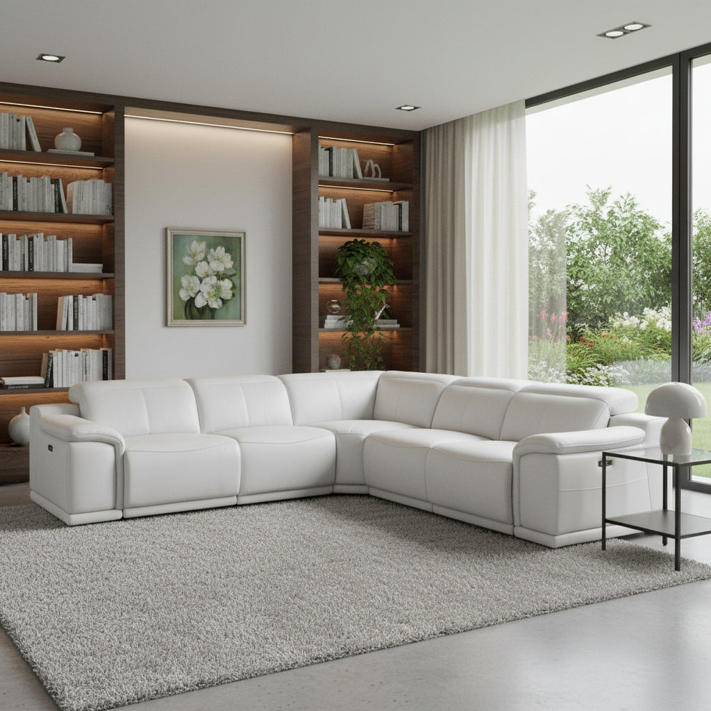 White Italian Leather Power Reclining L Shaped Five Piece Corner Sectional