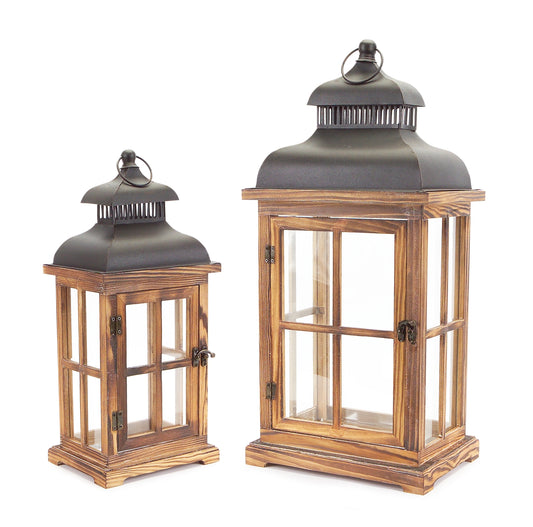 Rustic Wood and Metal Lantern Set