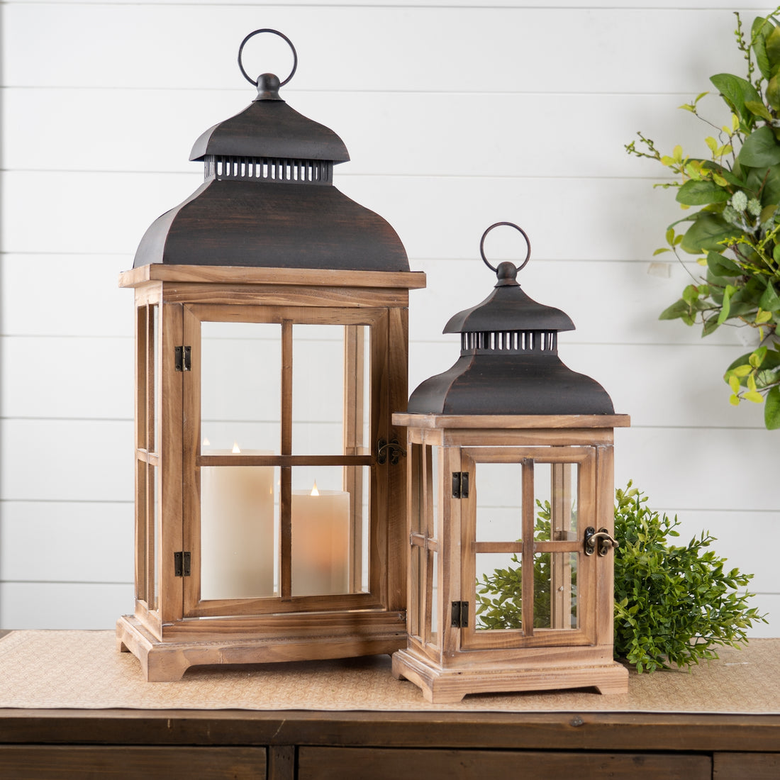 Rustic Wood and Metal Lantern Set