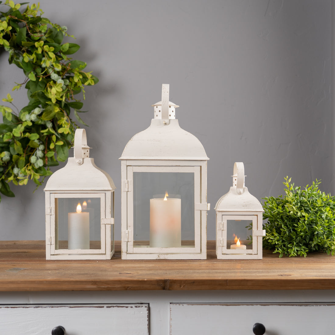 Modern Ivory Metal Lantern Set