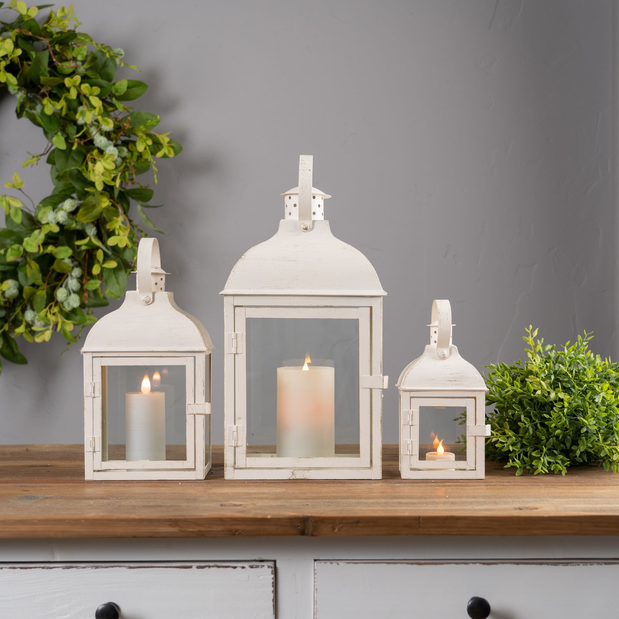 Modern Ivory Metal Lantern Set