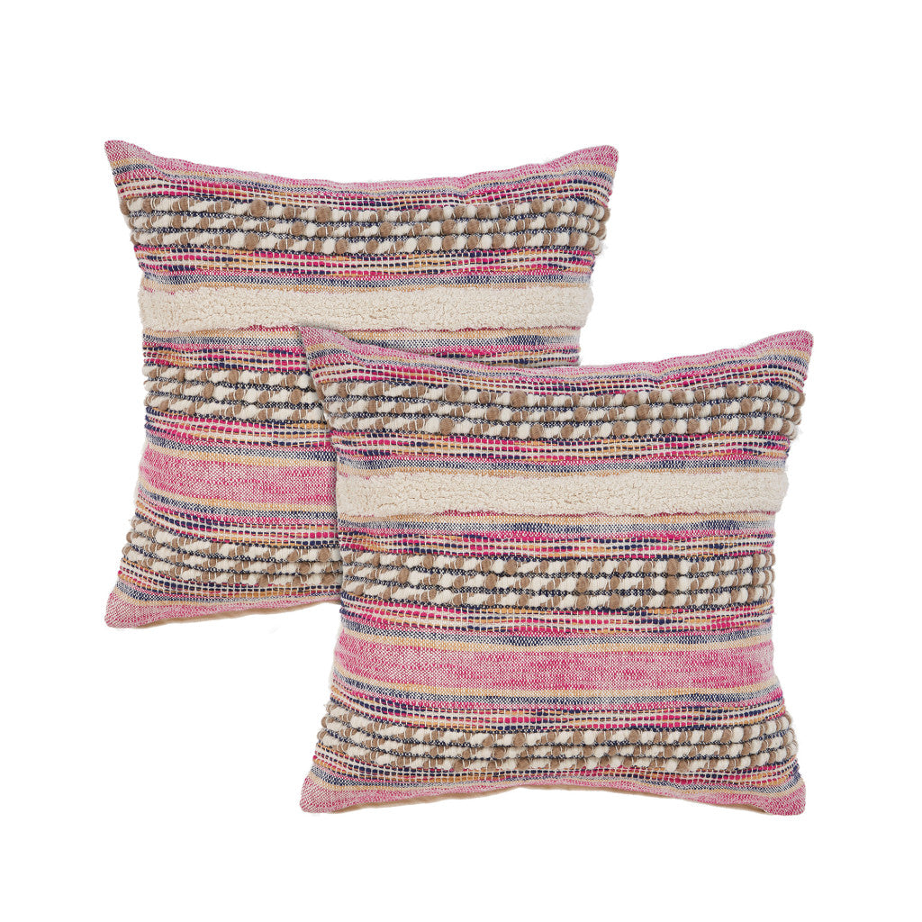 Pink Striped Cotton Throw Pillows With Fringe