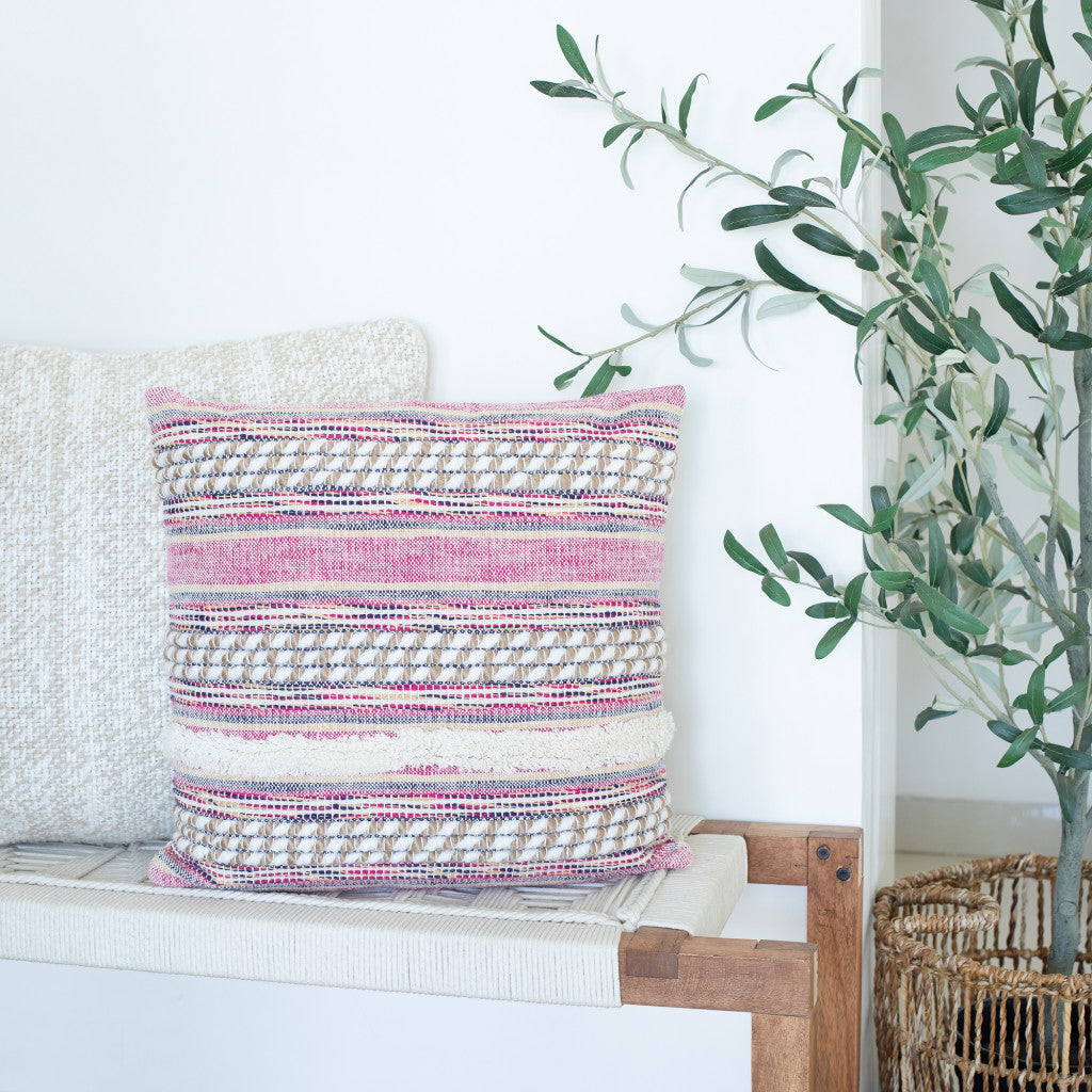Pink Striped Cotton Throw Pillows With Fringe
