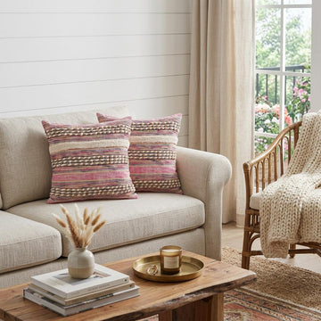 Pink Striped Cotton Throw Pillows With Fringe