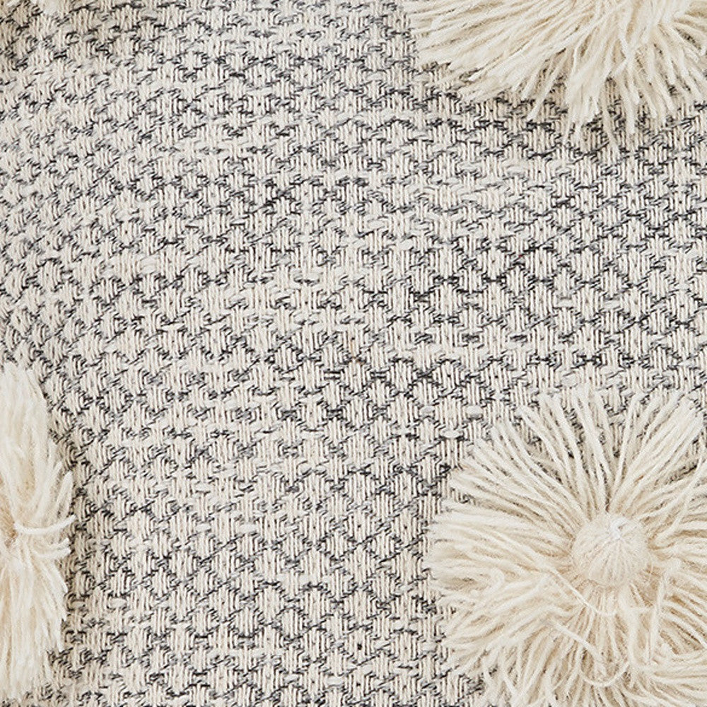 Gray and Ivory Floral Cotton Throw Pillows With Fringe