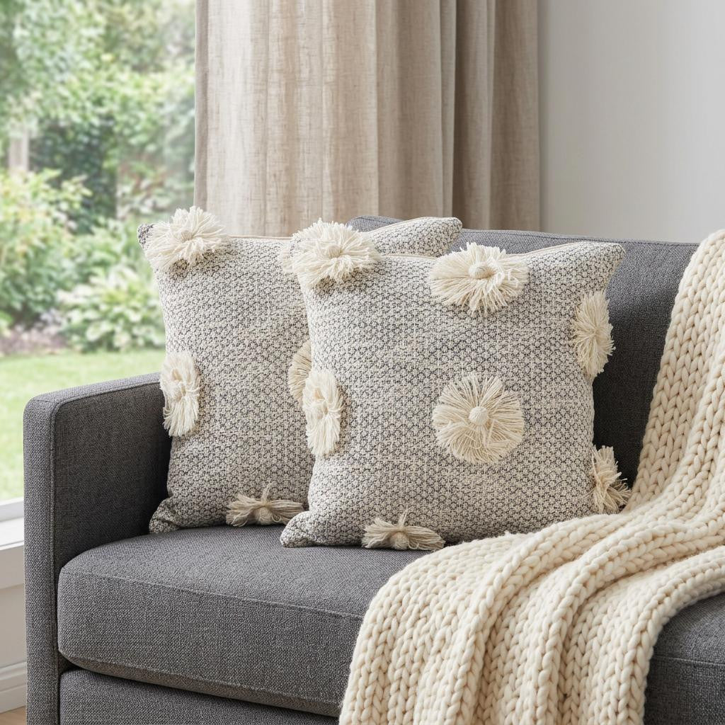 Gray and Ivory Floral Cotton Throw Pillows With Fringe