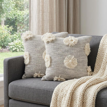 Gray and Ivory Floral Cotton Throw Pillows With Fringe