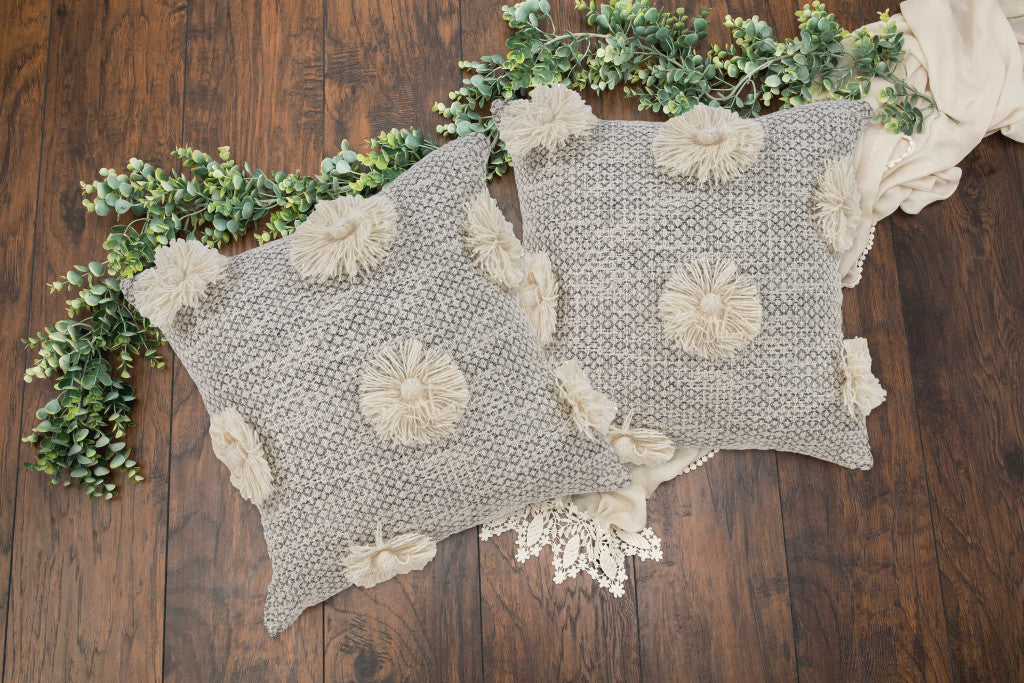 Gray and Ivory Floral Cotton Throw Pillows With Fringe