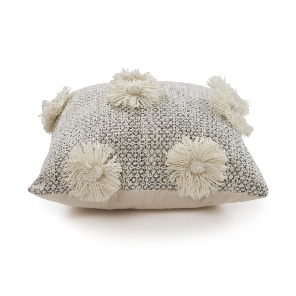 Gray and Ivory Floral Cotton Throw Pillows With Fringe